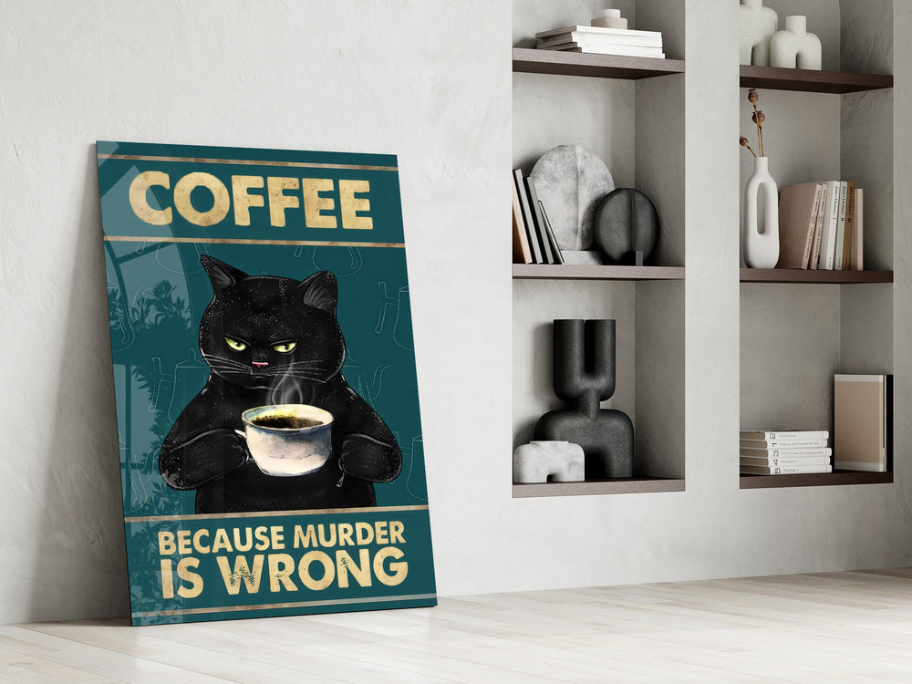 grumpy black cat with coffee panel resting in a shelving niche in a modern interior
