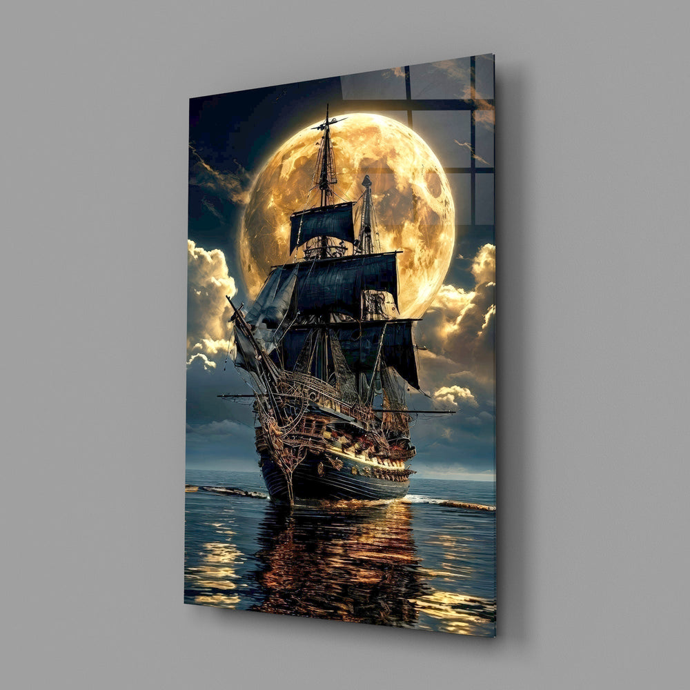 tall sailing ship before a full moon glass wall art angled to show the polished tempered glass panel