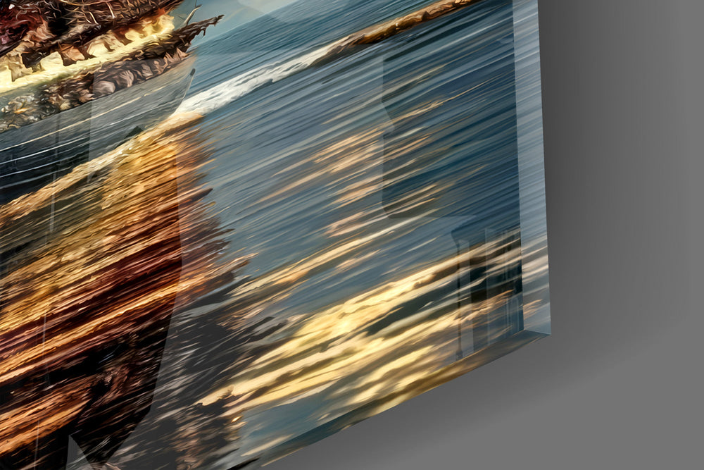 Close-up detail of the weathered sails and golden moonlit sea on the glass surface