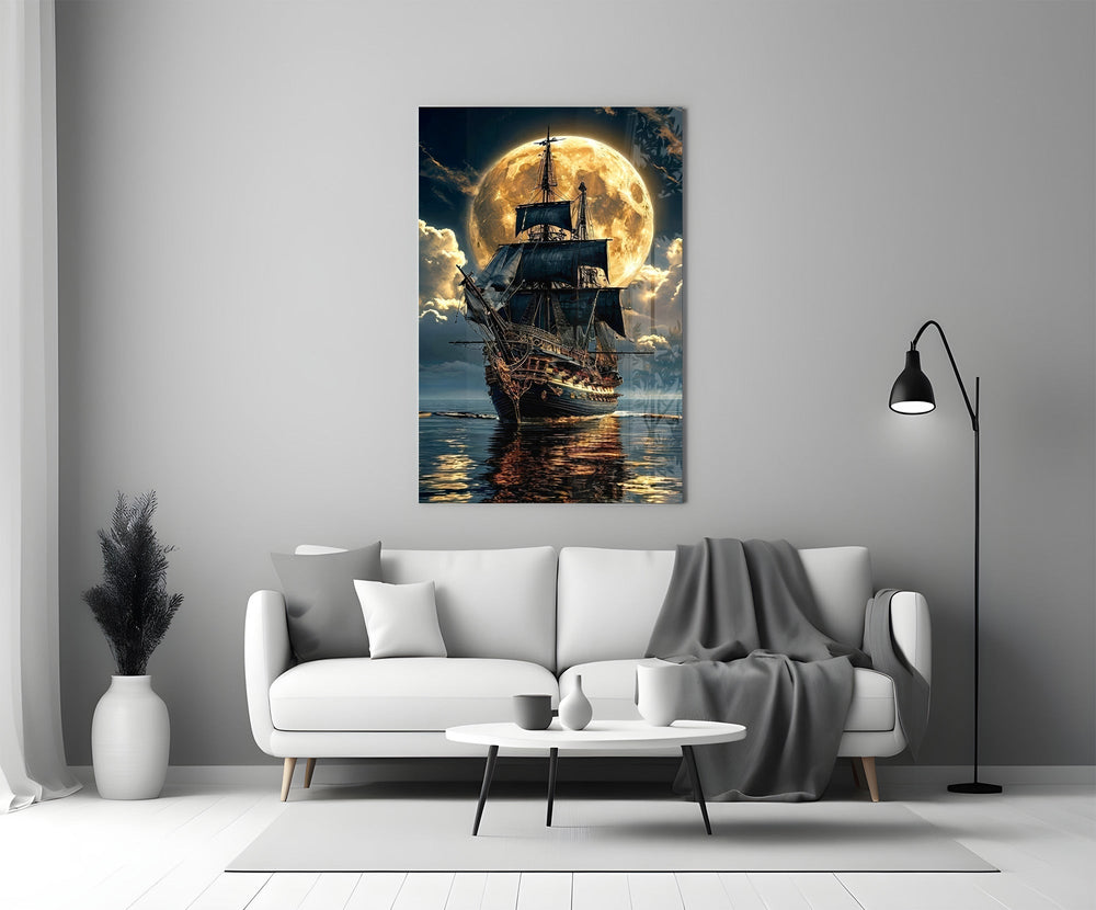 tall sailing ship before a full moon panel bringing character to a minimalist living room wall