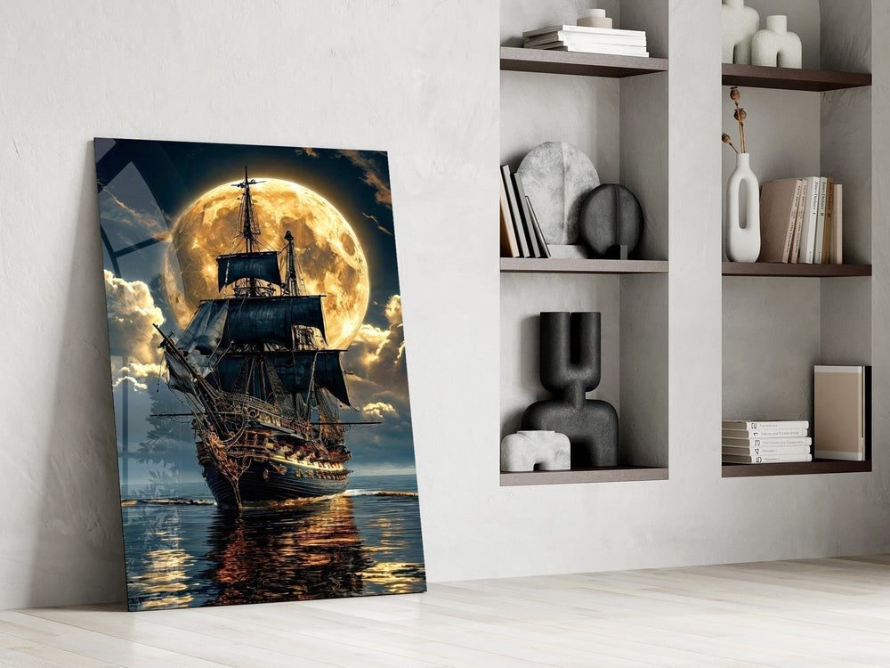 tall sailing ship before a full moon panel resting in a shelving niche in a modern interior