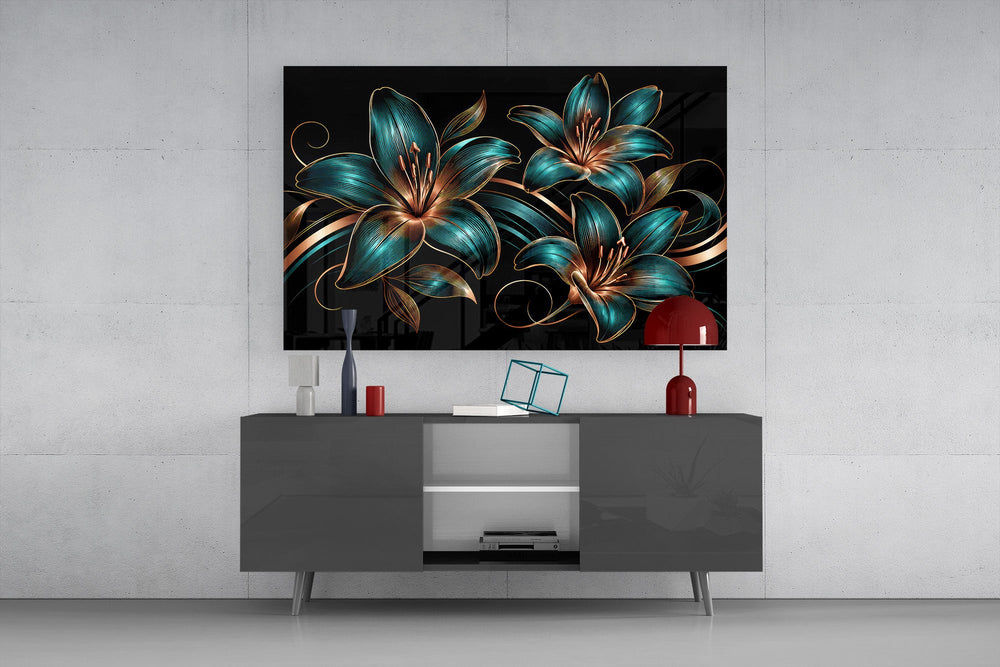 teal and copper line-art lilies glass wall art styled in an atmospheric room setting