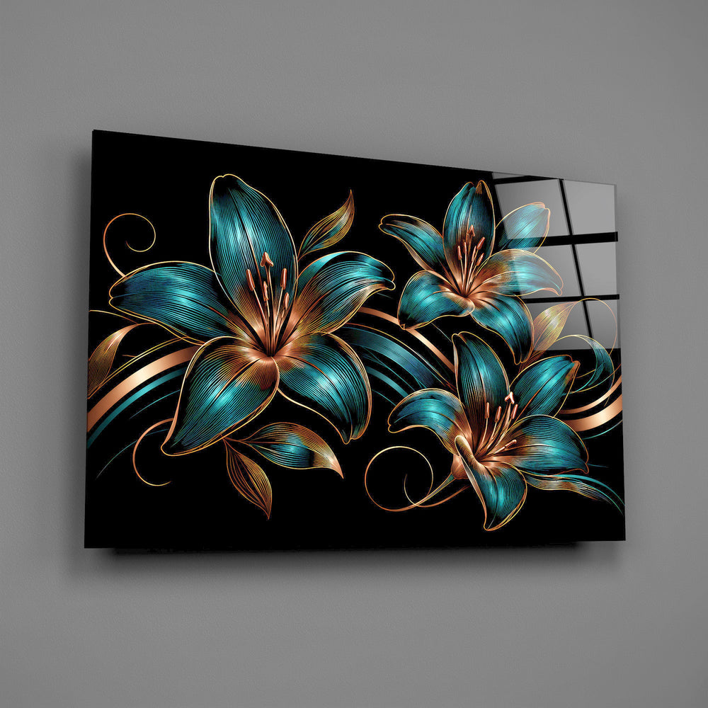 teal and copper line-art lilies glass wall art angled to show the polished tempered glass panel