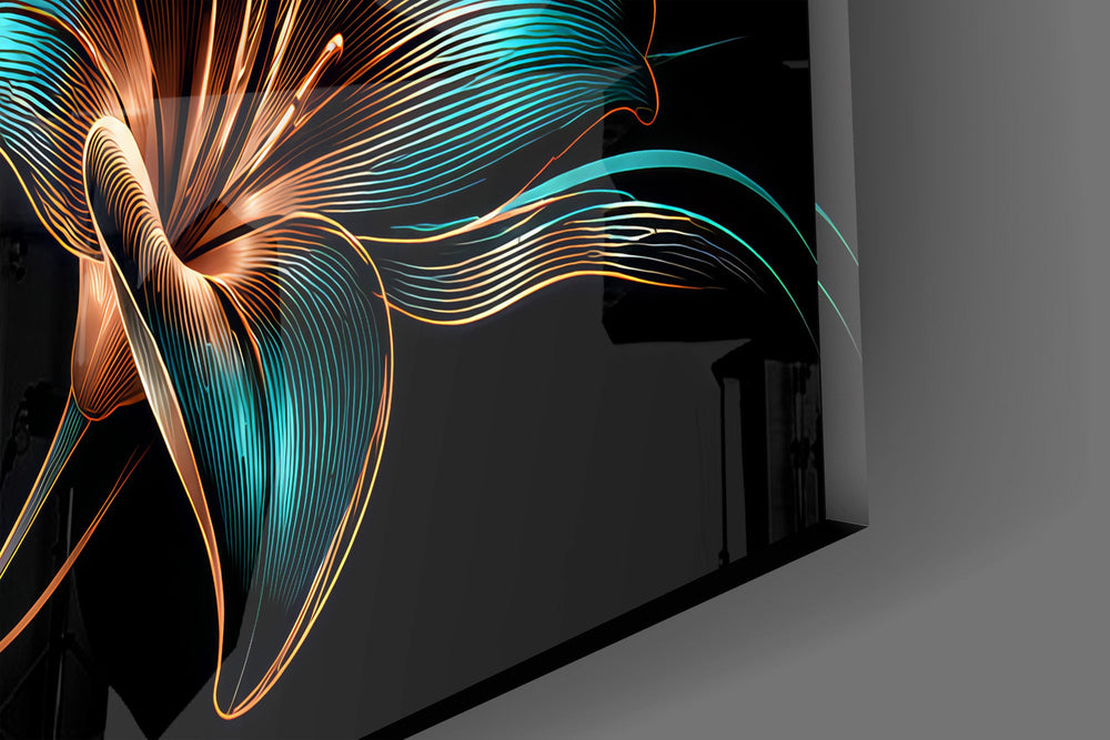 Close-up detail of the copper stamens and swirling stems on the glass surface