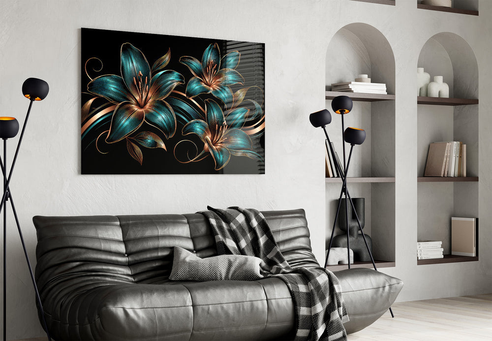 teal and copper line-art lilies glass wall art styled above an armchair in a reading corner