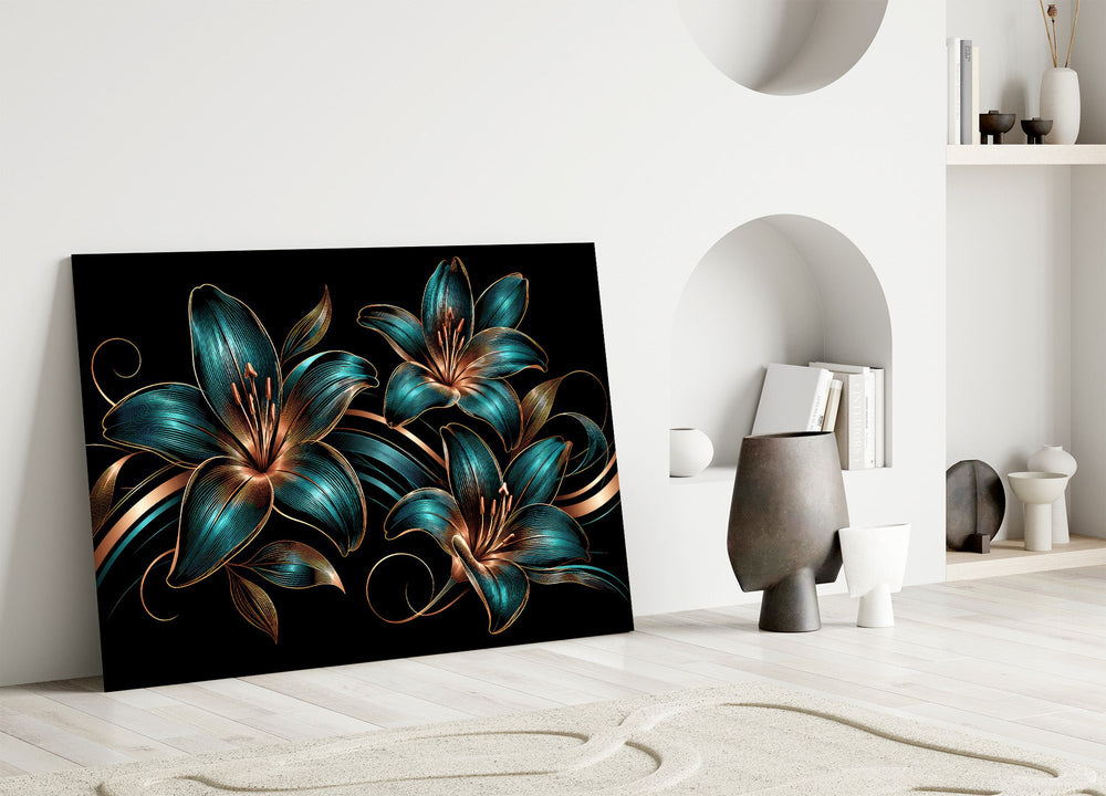 teal and copper line-art lilies panel bringing character to a minimalist living room wall