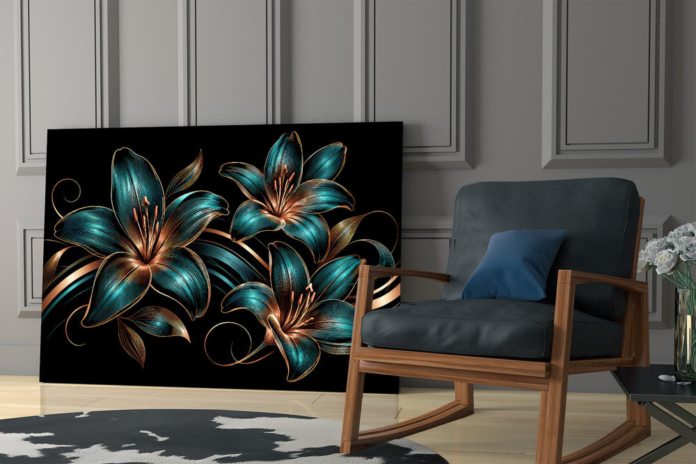 teal and copper line-art lilies panel resting in a shelving niche in a modern interior