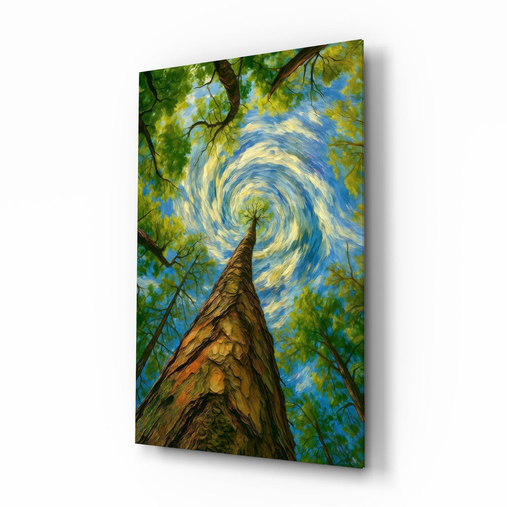Swirling Sky Treetop Canopy Glass Wall Art - Lifestyle preview in a designer interior