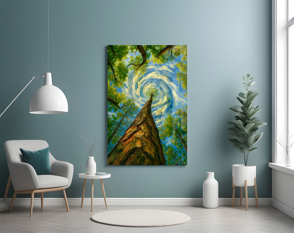 swirling sky through a treetop canopy glass wall art styled above an armchair in a reading corner