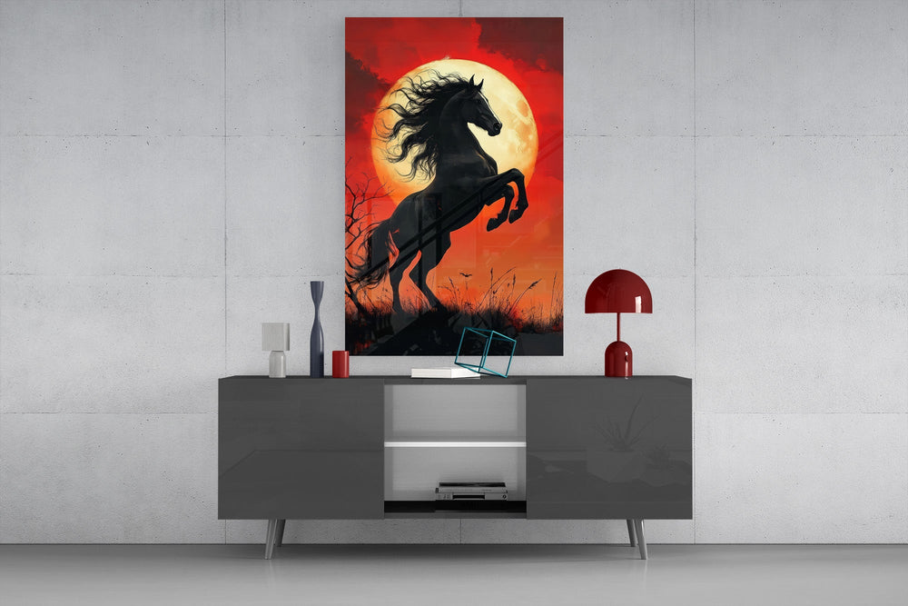 a rearing black horse under a red moon glass wall art styled in an atmospheric room setting