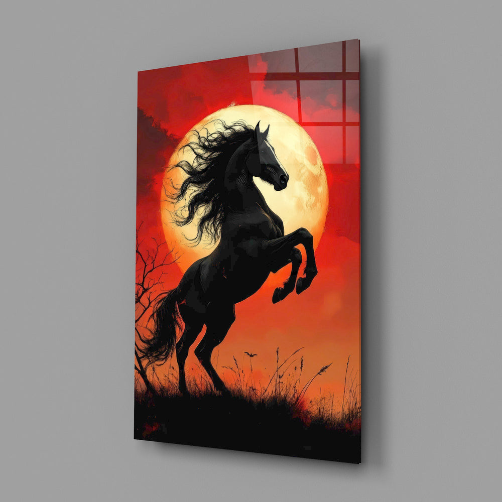 a rearing black horse under a red moon glass wall art angled to show the polished tempered glass panel