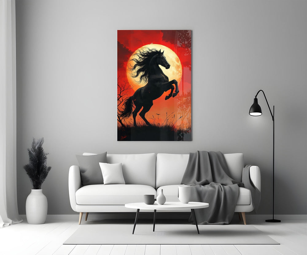 a rearing black horse under a red moon panel bringing character to a minimalist living room wall