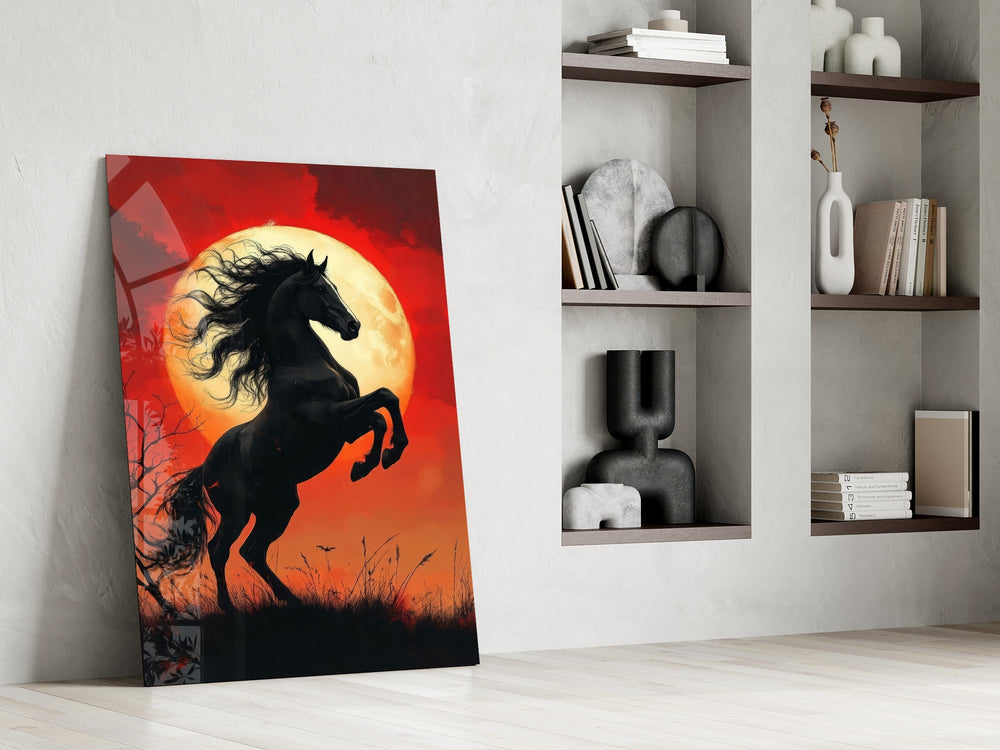 a rearing black horse under a red moon panel resting in a shelving niche in a modern interior