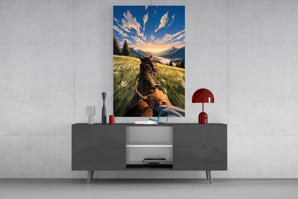 a first-person horseback ride toward a valley glass wall art styled in an atmospheric room setting