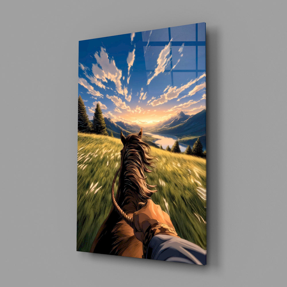 a first-person horseback ride toward a valley glass wall art angled to show the polished tempered glass panel