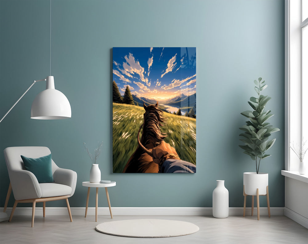 a first-person horseback ride toward a valley glass wall art styled above an armchair in a reading corner
