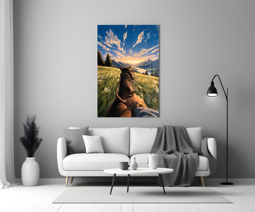 a first-person horseback ride toward a valley panel bringing character to a minimalist living room wall