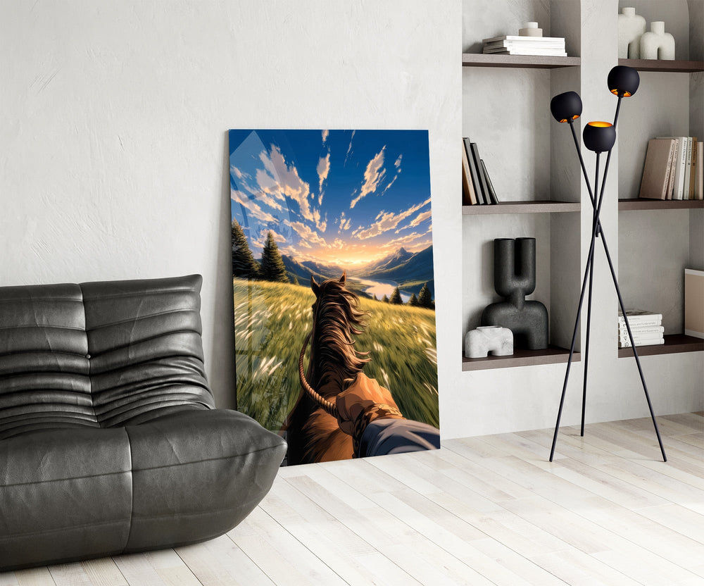 a first-person horseback ride toward a valley glass wall art leaning beside a dark leather sofa
