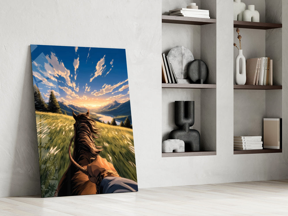 a first-person horseback ride toward a valley panel resting in a shelving niche in a modern interior