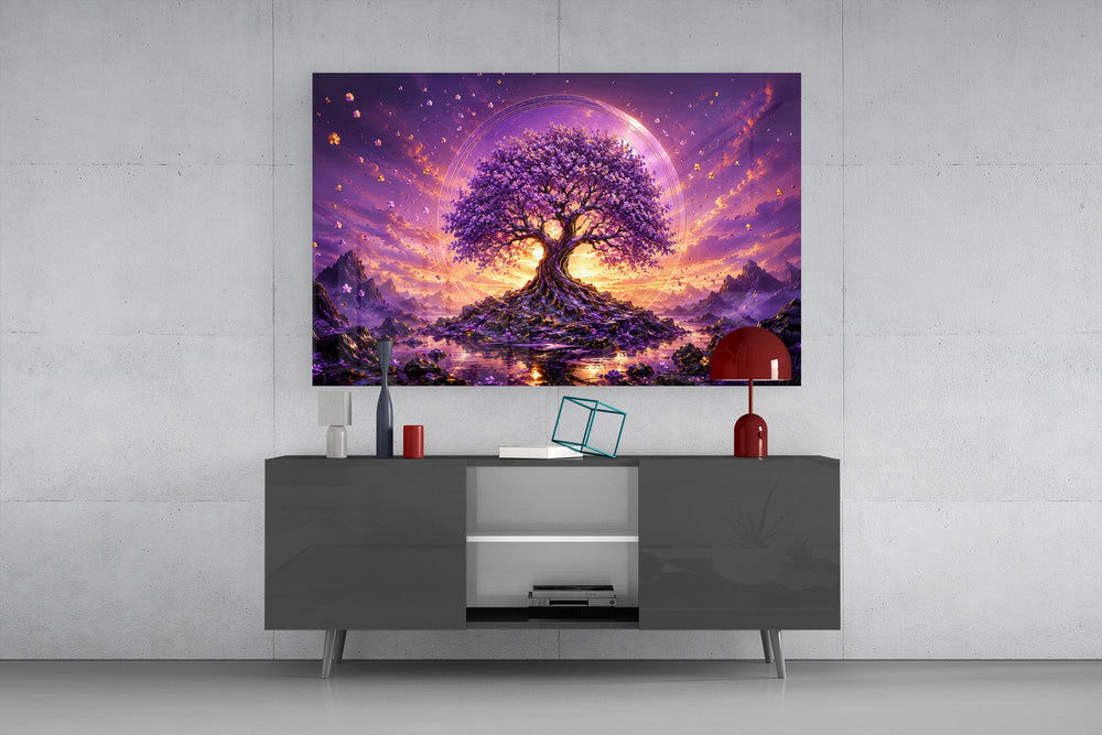 a purple tree of life at glowing sunset glass wall art styled in an atmospheric room setting
