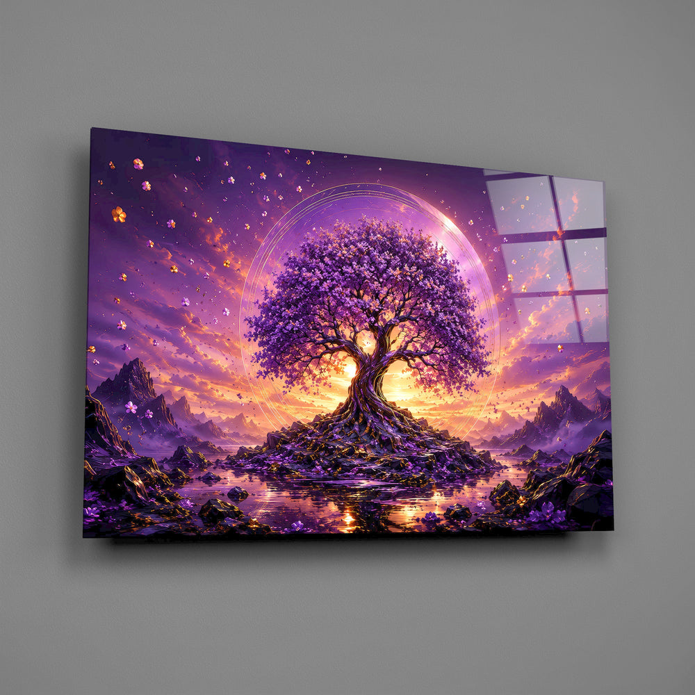 a purple tree of life at glowing sunset glass wall art angled to show the polished tempered glass panel