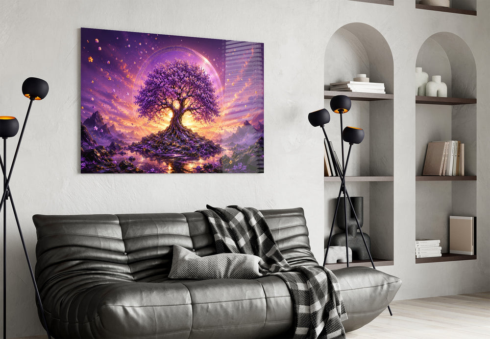 a purple tree of life at glowing sunset glass wall art styled above an armchair in a reading corner