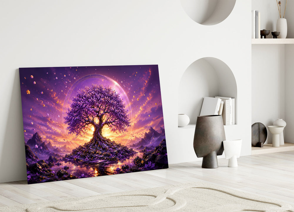 a purple tree of life at glowing sunset panel bringing character to a minimalist living room wall