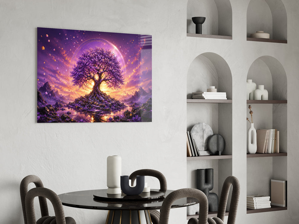 a purple tree of life at glowing sunset glass wall art leaning beside a dark leather sofa