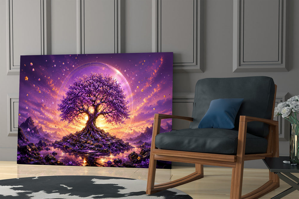 a purple tree of life at glowing sunset panel resting in a shelving niche in a modern interior