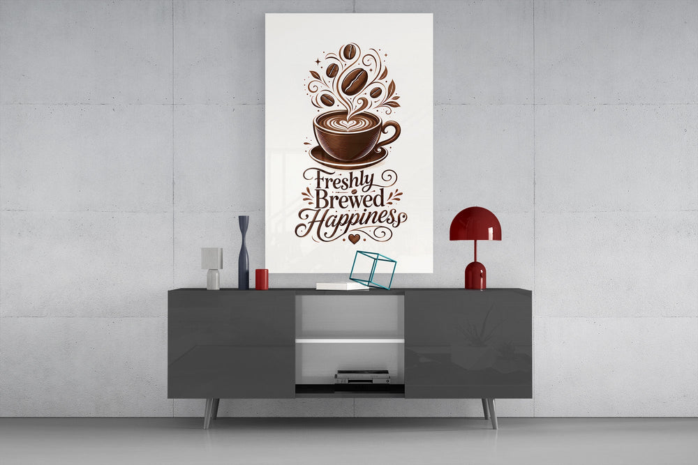 a latte-art coffee cup with hand lettering glass wall art styled in an atmospheric room setting