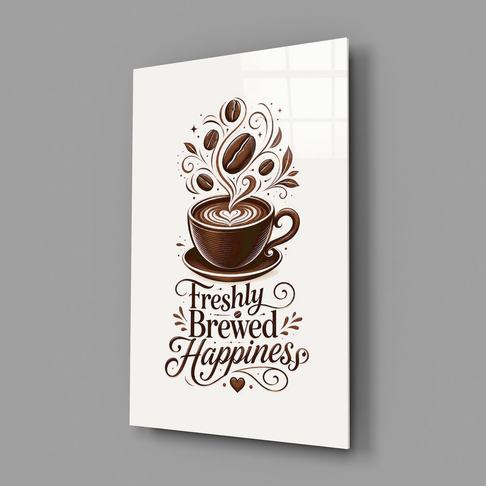 a latte-art coffee cup with hand lettering glass wall art angled to show the polished tempered glass panel