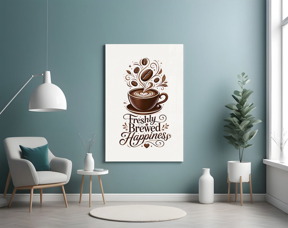 a latte-art coffee cup with hand lettering glass wall art styled above an armchair in a reading corner