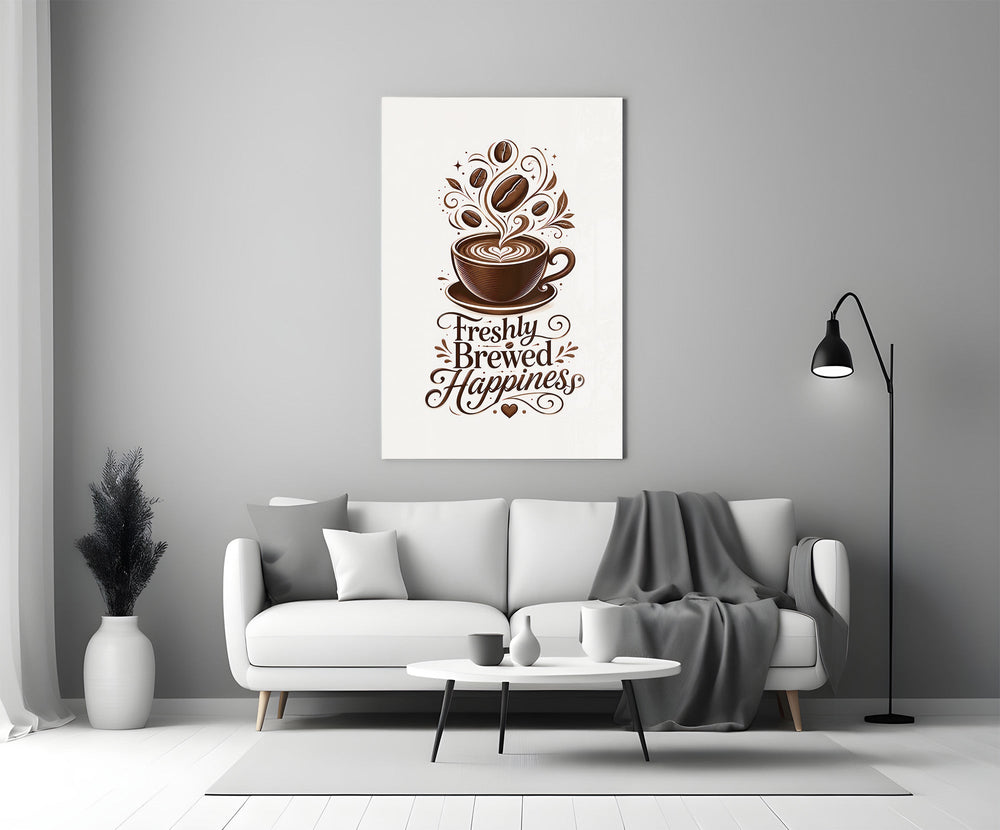 a latte-art coffee cup with hand lettering panel bringing character to a minimalist living room wall