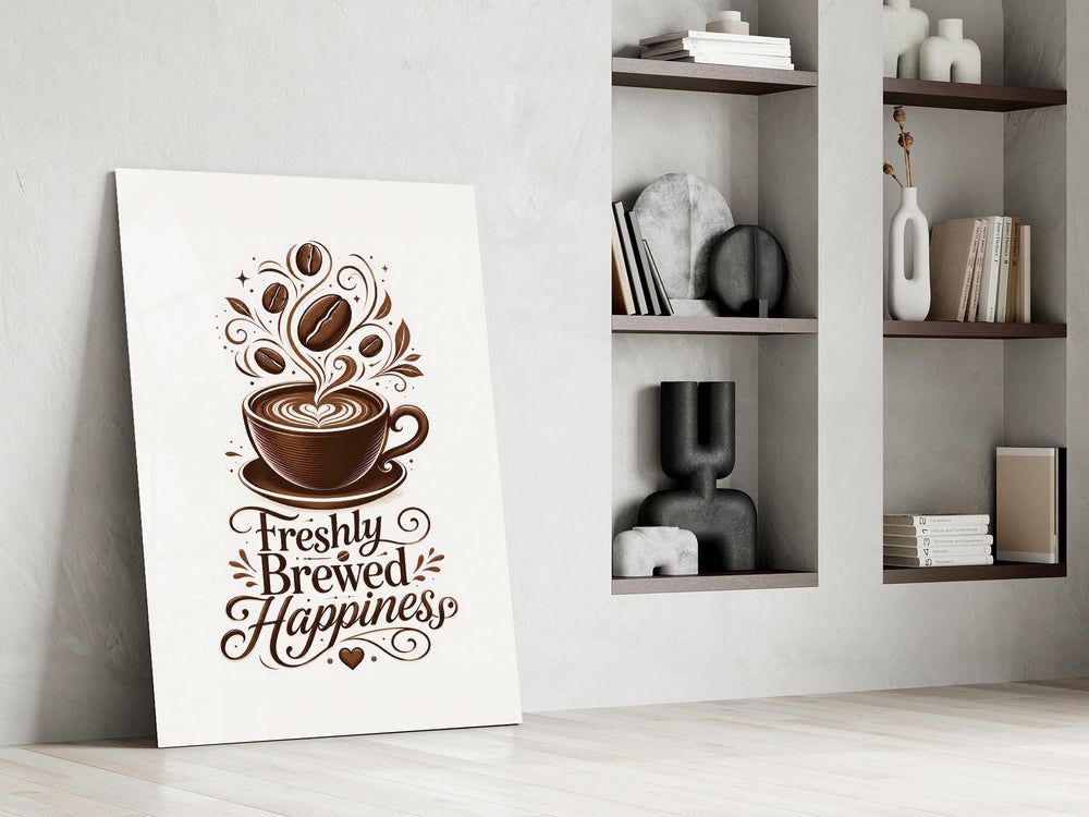 a latte-art coffee cup with hand lettering panel resting in a shelving niche in a modern interior