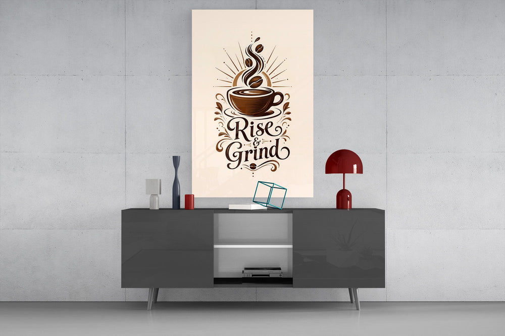 a coffee cup with a sunburst and lettering glass wall art styled in an atmospheric room setting