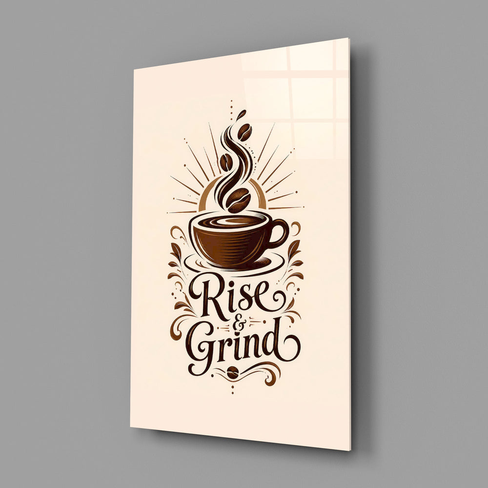 a coffee cup with a sunburst and lettering glass wall art angled to show the polished tempered glass panel