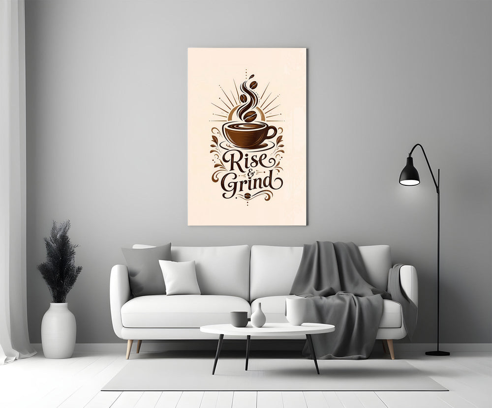 a coffee cup with a sunburst and lettering panel bringing character to a minimalist living room wall
