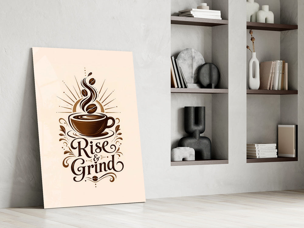 a coffee cup with a sunburst and lettering panel resting in a shelving niche in a modern interior