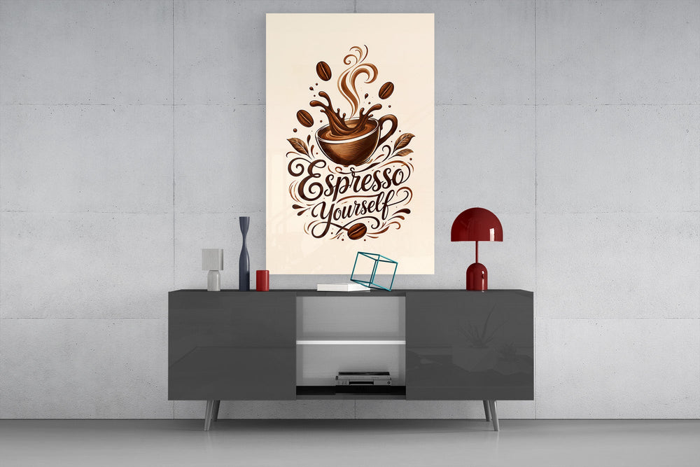a splashing espresso cup with lettering glass wall art styled in an atmospheric room setting
