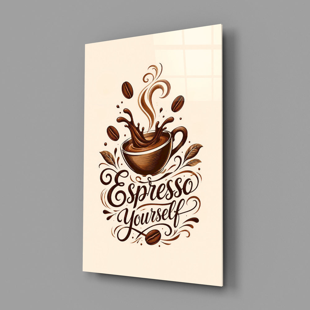 a splashing espresso cup with lettering glass wall art angled to show the polished tempered glass panel
