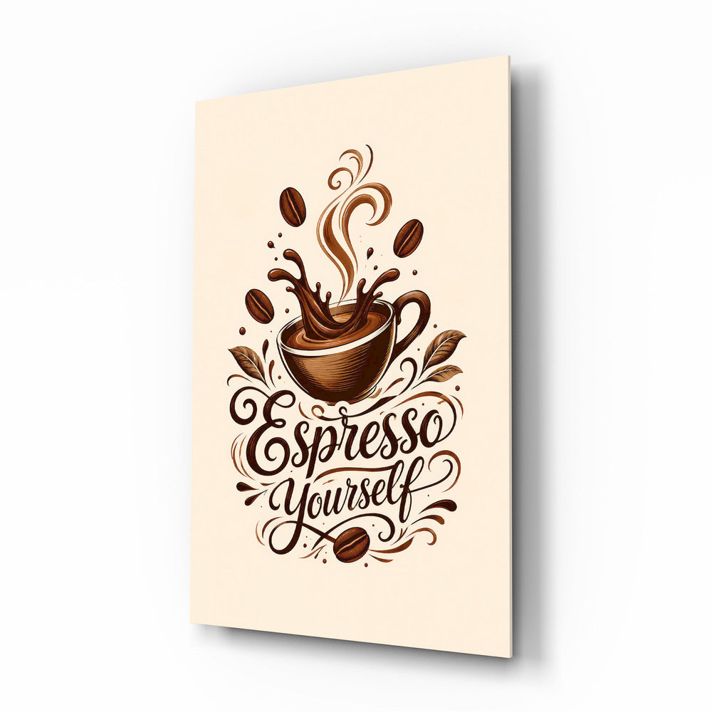 Splashing Espresso Cup Typography Glass Wall Art - Lifestyle preview in a designer interior