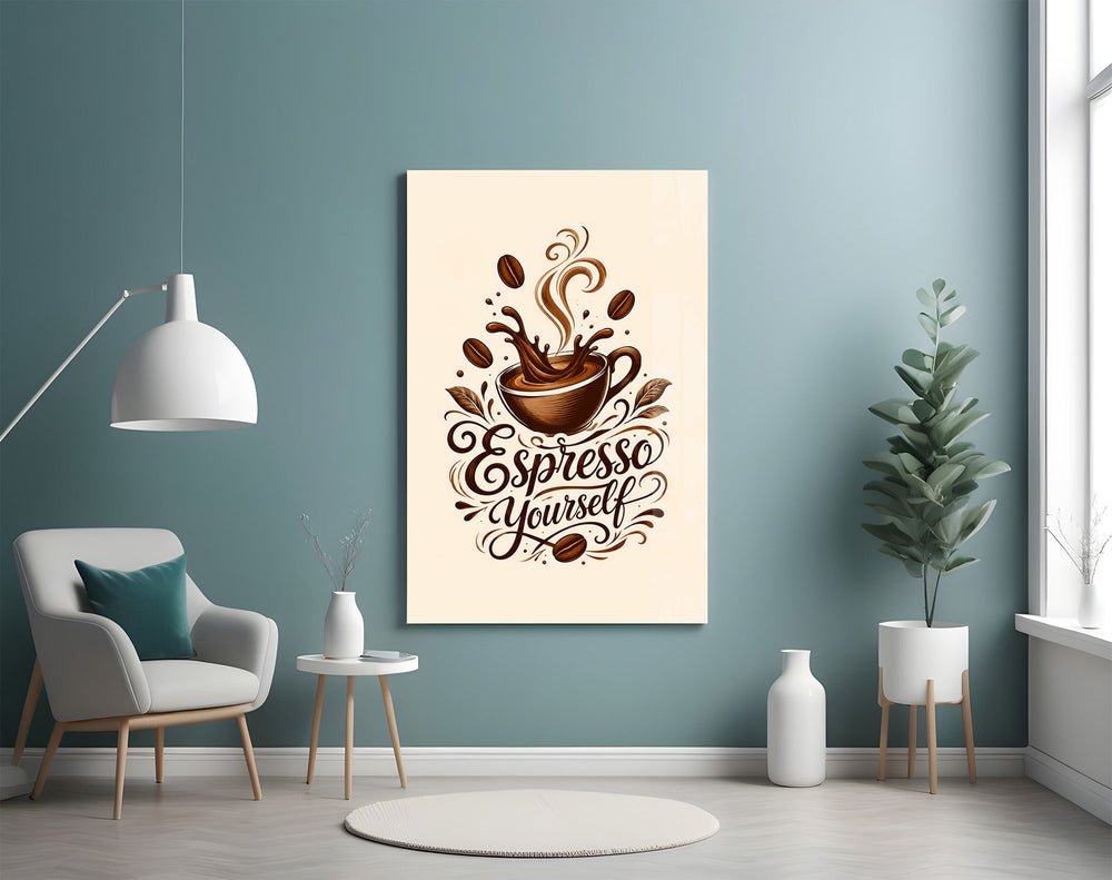 a splashing espresso cup with lettering glass wall art styled above an armchair in a reading corner
