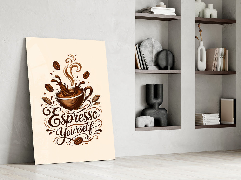 a splashing espresso cup with lettering panel resting in a shelving niche in a modern interior