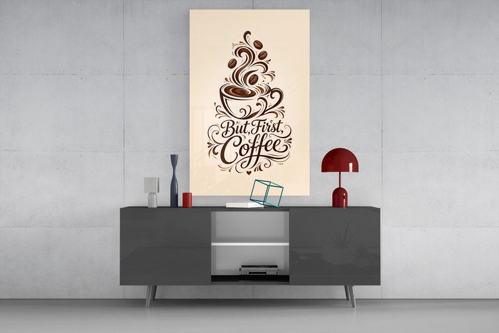 brown script coffee cup typography glass wall art styled in an atmospheric room setting