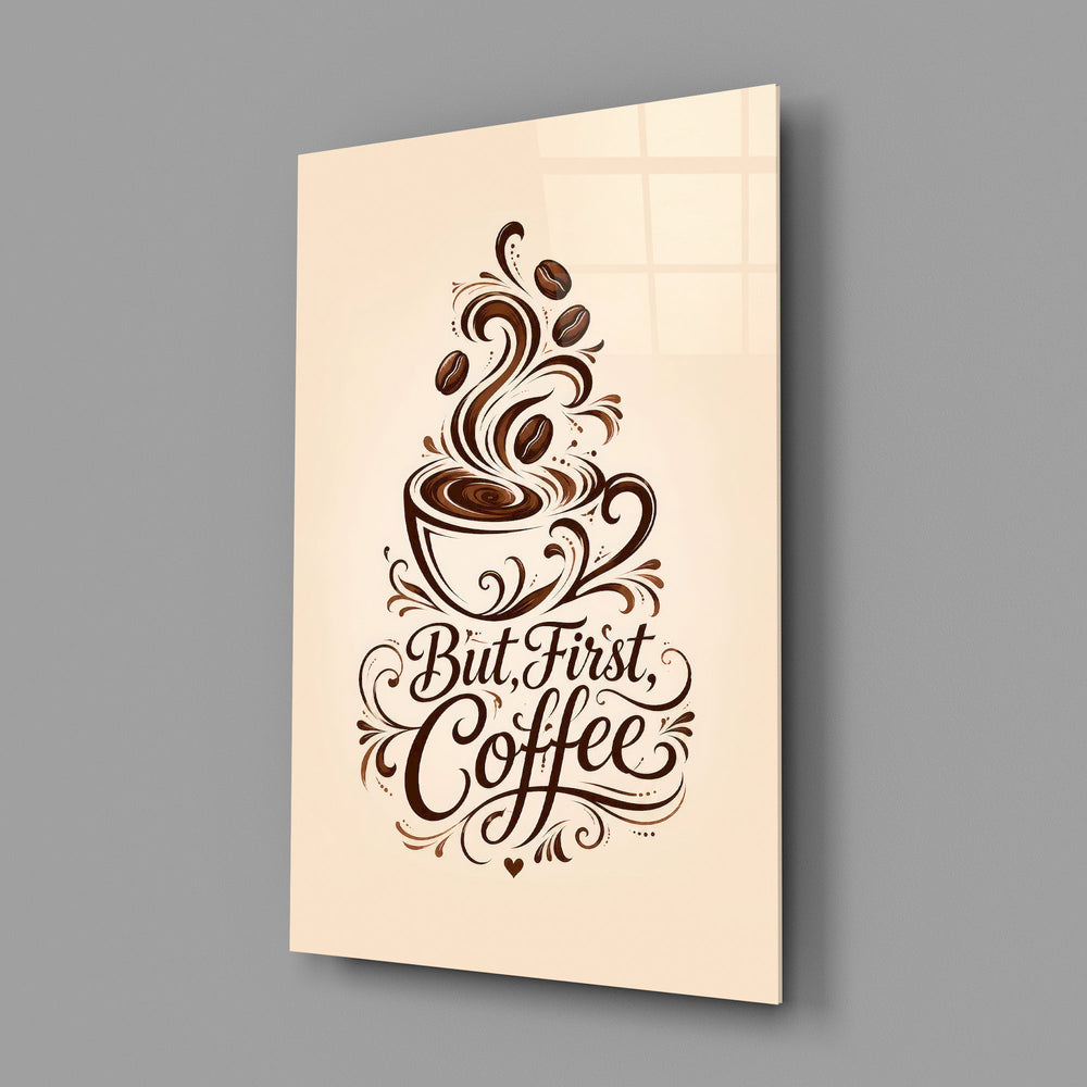 brown script coffee cup typography glass wall art angled to show the polished tempered glass panel