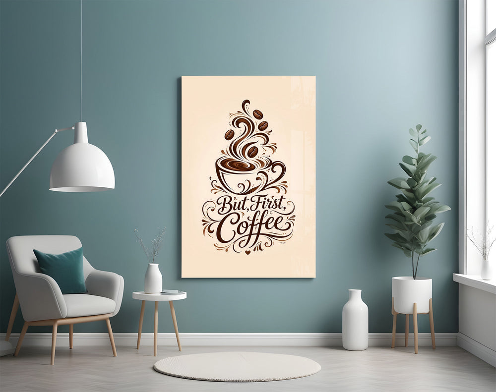 brown script coffee cup typography glass wall art styled above an armchair in a reading corner