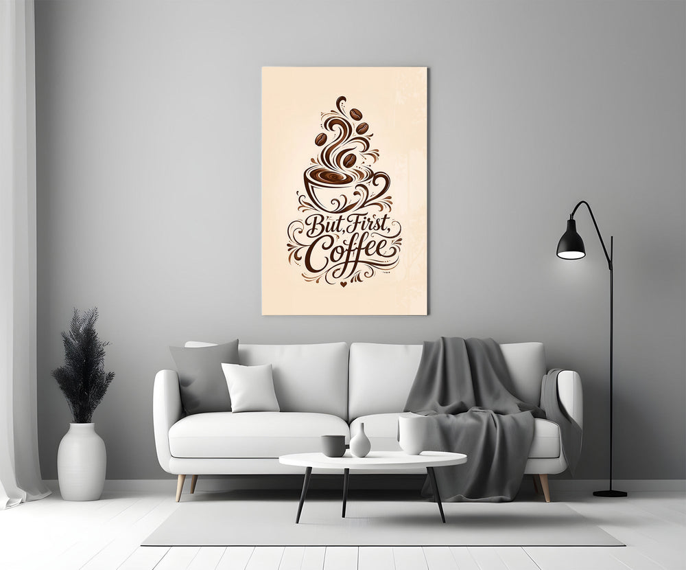 brown script coffee cup typography panel bringing character to a minimalist living room wall