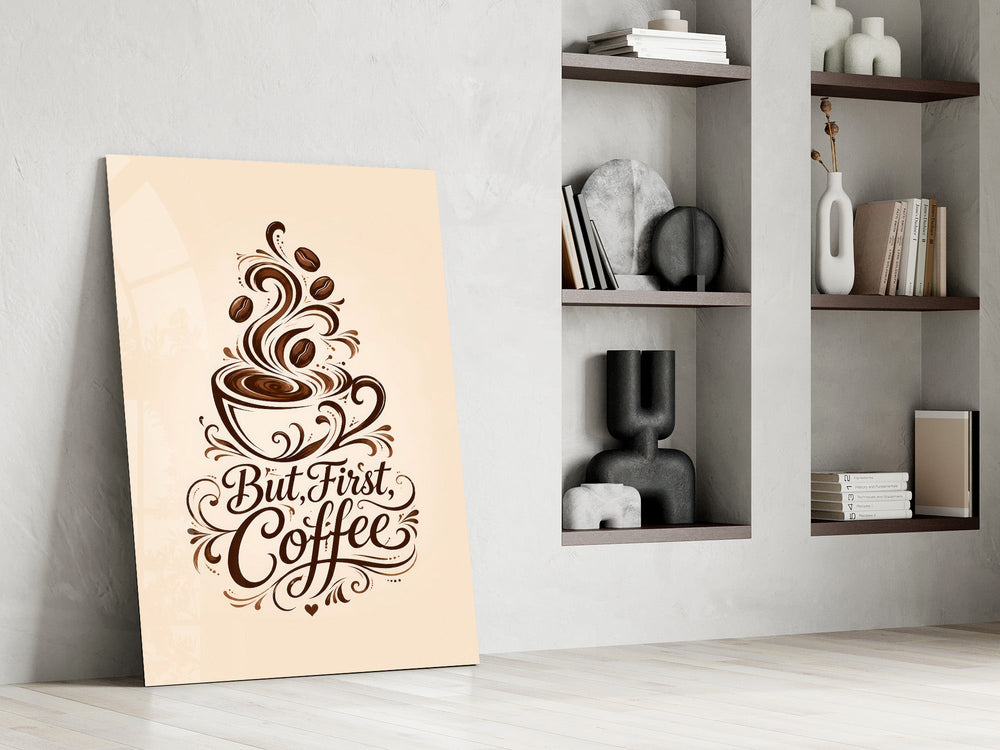 brown script coffee cup typography panel resting in a shelving niche in a modern interior