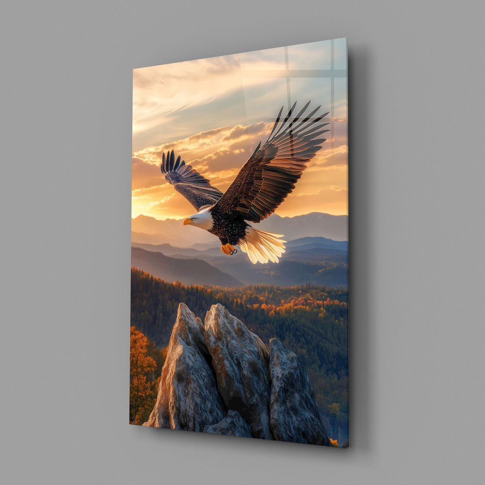 a bald eagle over autumn mountains at sunset glass wall art angled to show the polished tempered glass panel