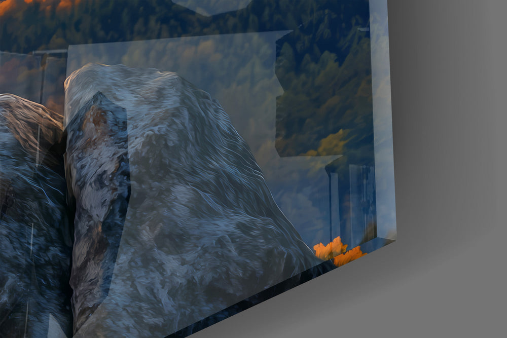 Close-up detail of the outstretched wings and the rocky peak below on the glass surface